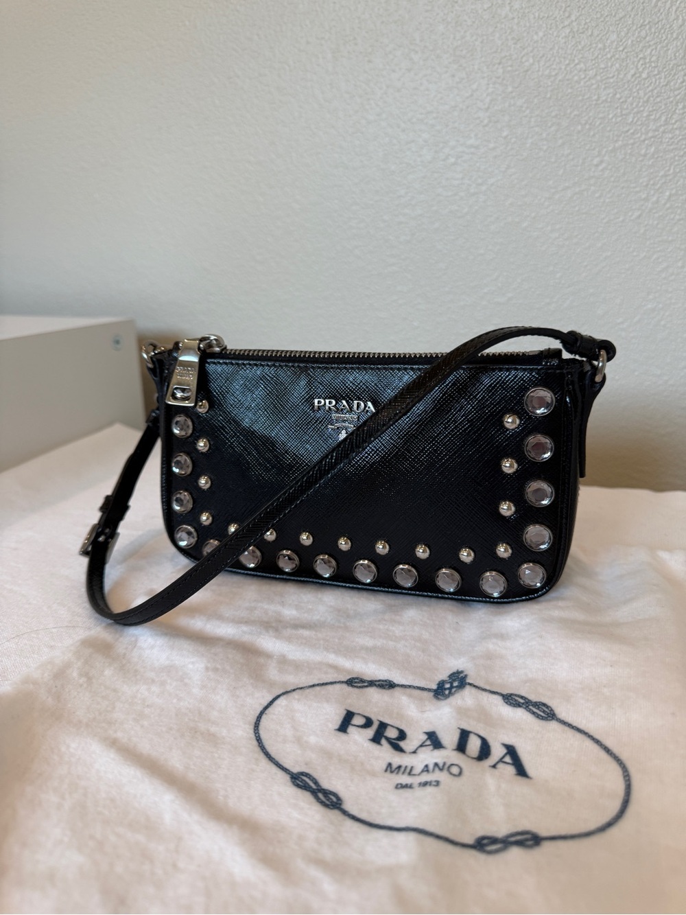 Authentic Prada Black Leather Studded Shoulder Bag / Pochette